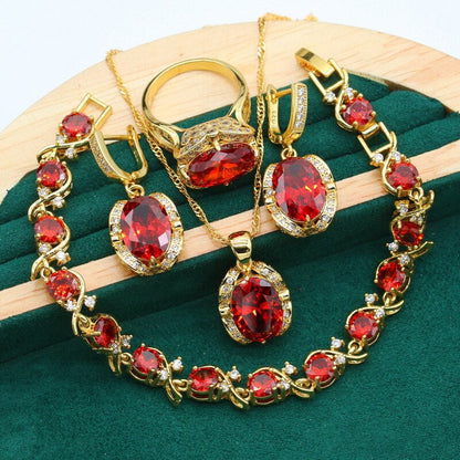 Luxury Olive Green/Red Zircon 925 Silver Jewelry Set Necklace