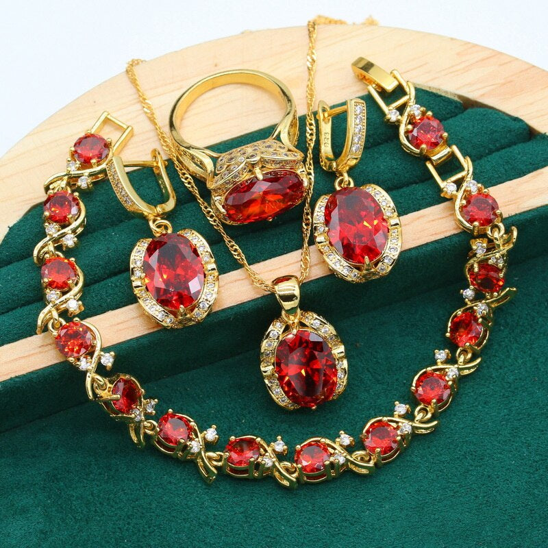 Radiant Elegance: Olive & Red Zirconia 18K Gold Plated Jewelry Set - Pendant, Earrings, Bracelet, and Ring for Women