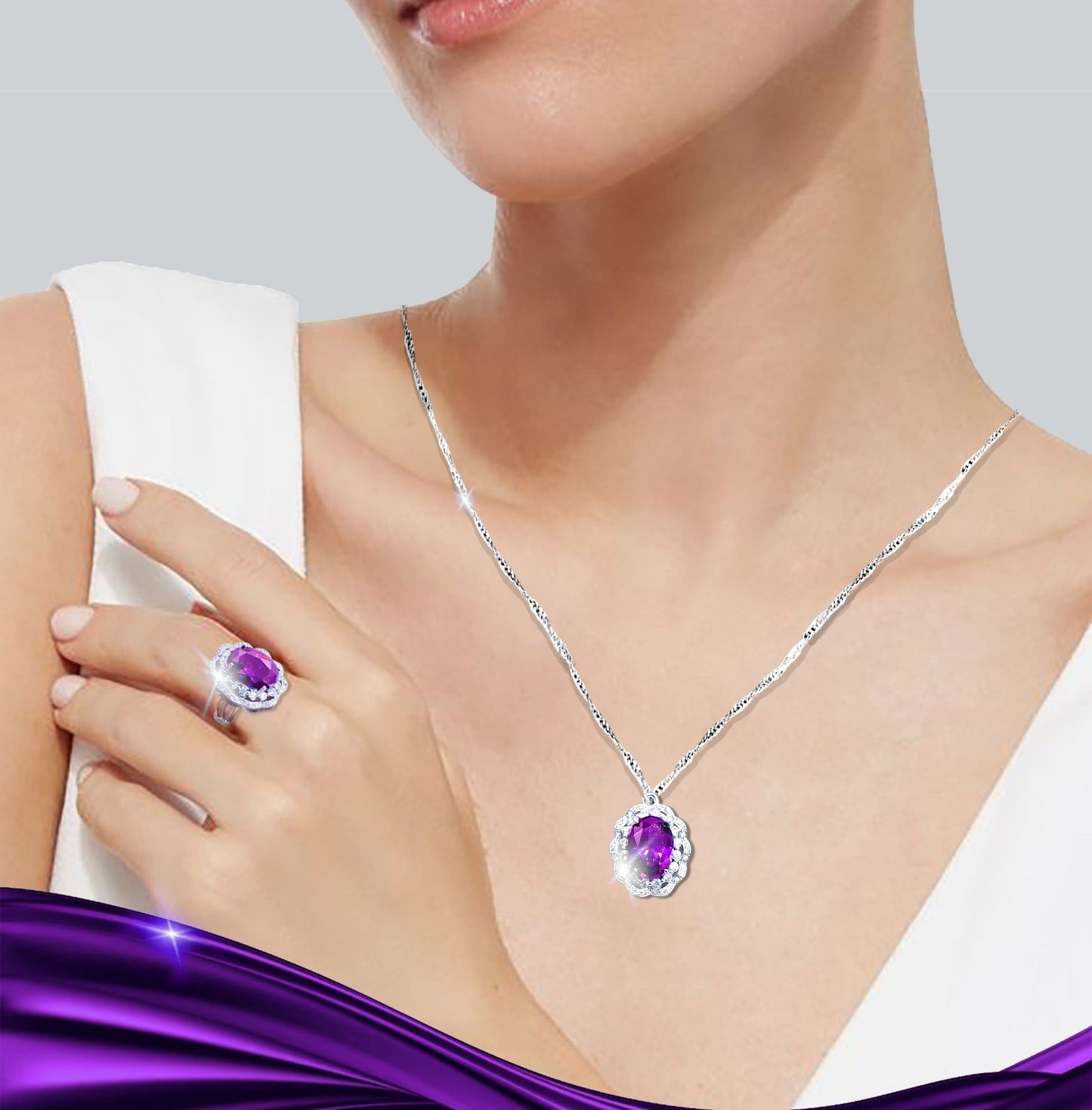 Mystic Orchid Zirconia 925 Silver Jewelry Set - Embrace Ethereal Elegance.