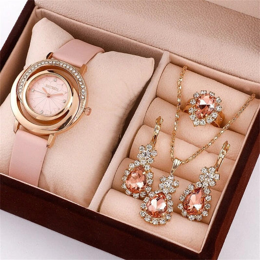 5PCS Set Luxury Watch Women Ring Necklace Earring Rhinestone Fashion Wristwatch Casual Ladies Watches Set Clock