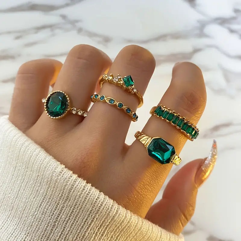 1Sets Green Crystal Rings Set for Women - 2023 Fashion New Rings