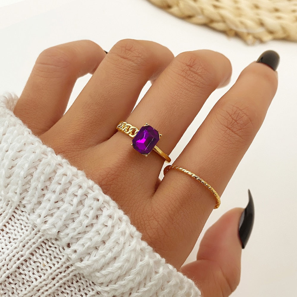 IPARAM New Design Luxury Geometric Purple Crystal Rings for Women Bohemial Finger Rings Set Fashion Jewelry Gifts