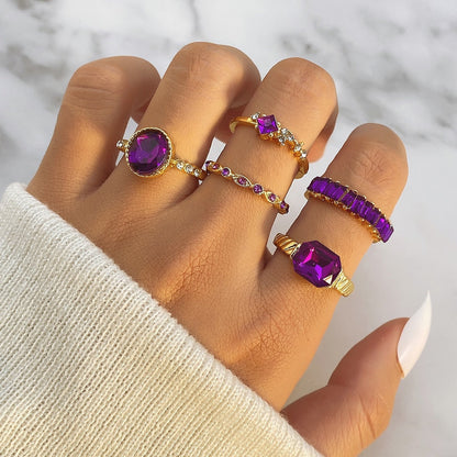 IPARAM New Design Luxury Geometric Purple Crystal Rings for Women Bohemial Finger Rings Set Fashion Jewelry Gifts