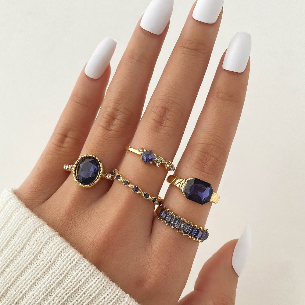 IPARAM New Design Luxury Geometric Purple Crystal Rings for Women Bohemial Finger Rings Set Fashion Jewelry Gifts