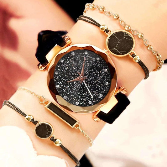 5PCS Set New Women Watch Fashion Luxury Quartz Wristwatch Crystal Watches Sky For Girl Gift