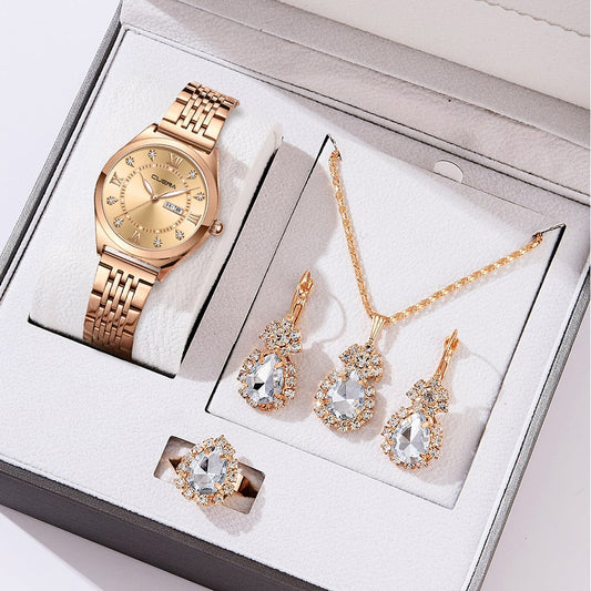CUENA 5PCS Set Watch Women Ring Necklace Earrings Rhinestone Fashion Wristwatch Female Casual Ladies Watches Bracelet Set Clock