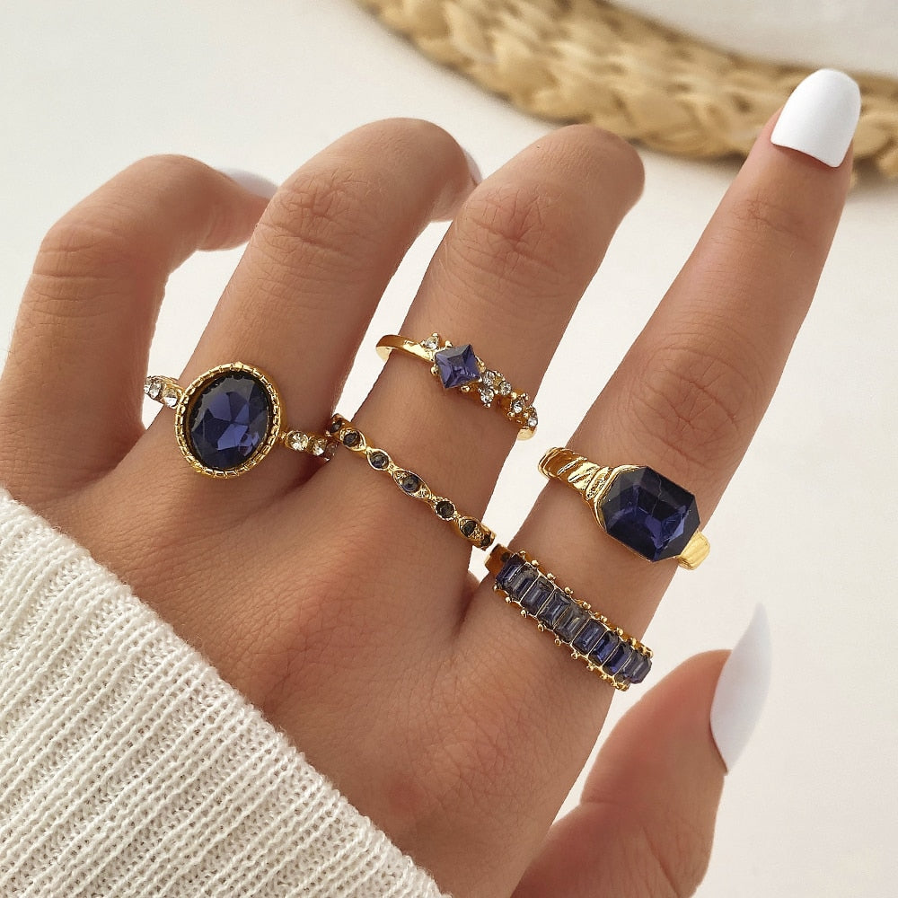 IPARAM New Design Luxury Geometric Purple Crystal Rings for Women Bohemial Finger Rings Set Fashion Jewelry Gifts