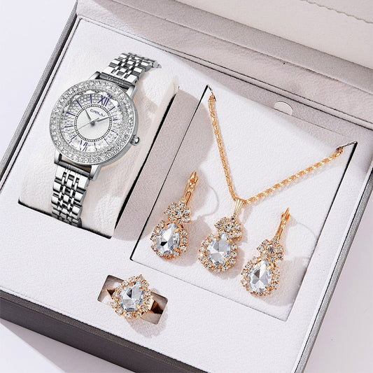 CRRJU 5pcs Set Women Fashion Quartz Watch Female Clock Rhinestones Rose Dial Luxury Brand Design Simple