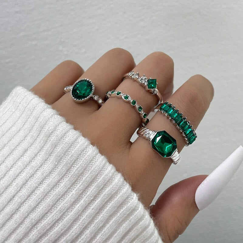 1Sets Green Crystal Rings Set for Women - 2023 Fashion New Rings