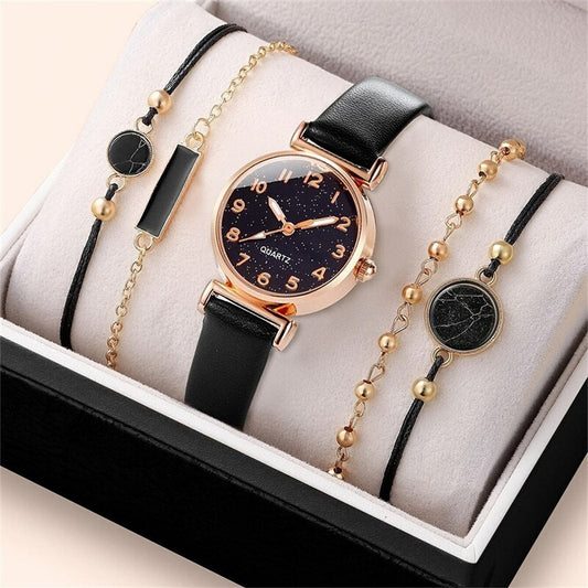 5pcs Set Women Fashion Casual Leather Belt Watches Simple Ladies Starry Sky Round Dial Quartz Wristwatches Dress Clock