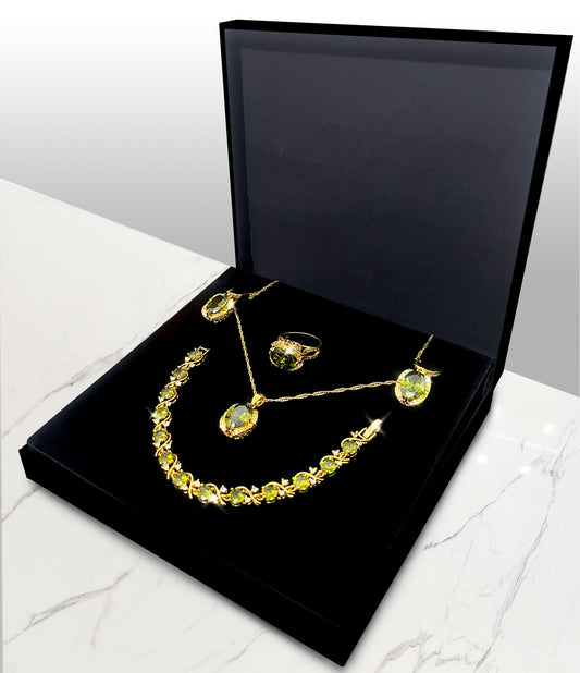 Radiant Elegance: Green & Red Zirconia 18K Gold Plated Jewelry Set - Pendant, Earrings, Bracelet, and Ring for Women