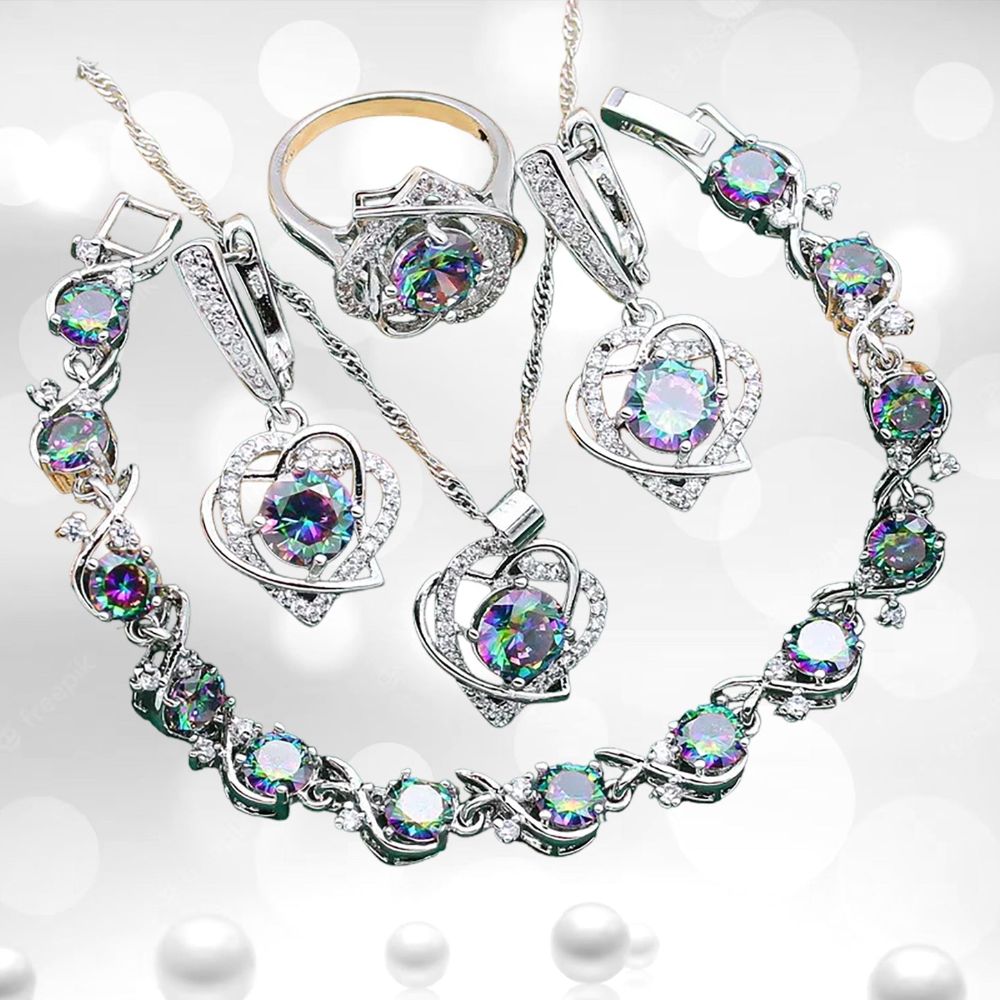 Zircon Silver Jewelry Set Pendant Earring Bracelet & Ring Set For Women