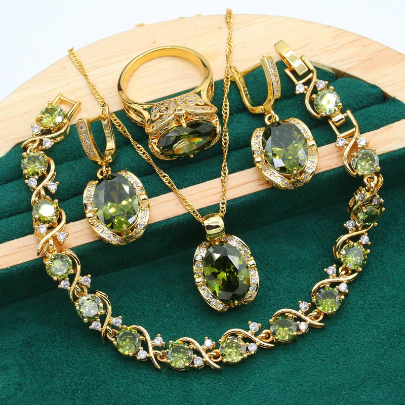 A Symphony of Beauty: Green & Red Zirconia 18K Gold Plated Jewelry Set - Pendant, Earrings, Bracelet, and Ring for Women