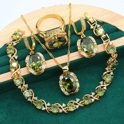 Radiant Elegance: Olive & Red Zirconia 18K Gold Plated Jewelry Set - Pendant, Earrings, Bracelet, and Ring for Women