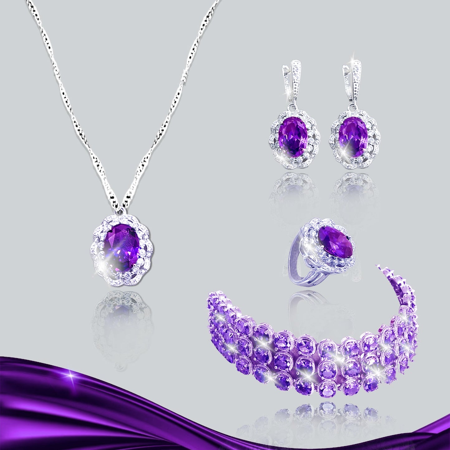 Mystic Orchid Zirconia 925 Silver Jewelry Set - Embrace Ethereal Elegance.