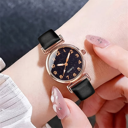 5pcs Set Women Fashion Casual Leather Belt Watches Simple Ladies Starry Sky Round Dial Quartz Wristwatches Dress Clock