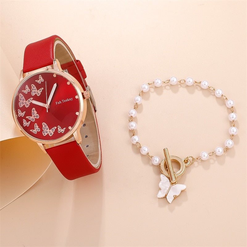 2pcs Set Womens Butterfly Watches Ladies Fashion Watch New Simple Casual Women Analog WristWatch Bracelet Gift