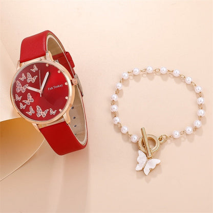 2pcs Set Womens Butterfly Watches Ladies Fashion Watch New Simple Casual Women Analog WristWatch Bracelet Gift