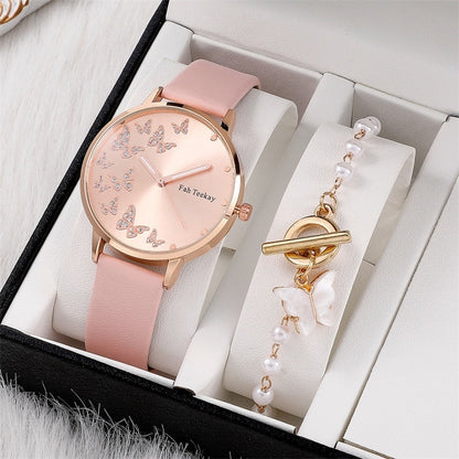 2pcs Set Womens Butterfly Watches Ladies Fashion Watch New Simple Casual Women Analog WristWatch Bracelet Gift