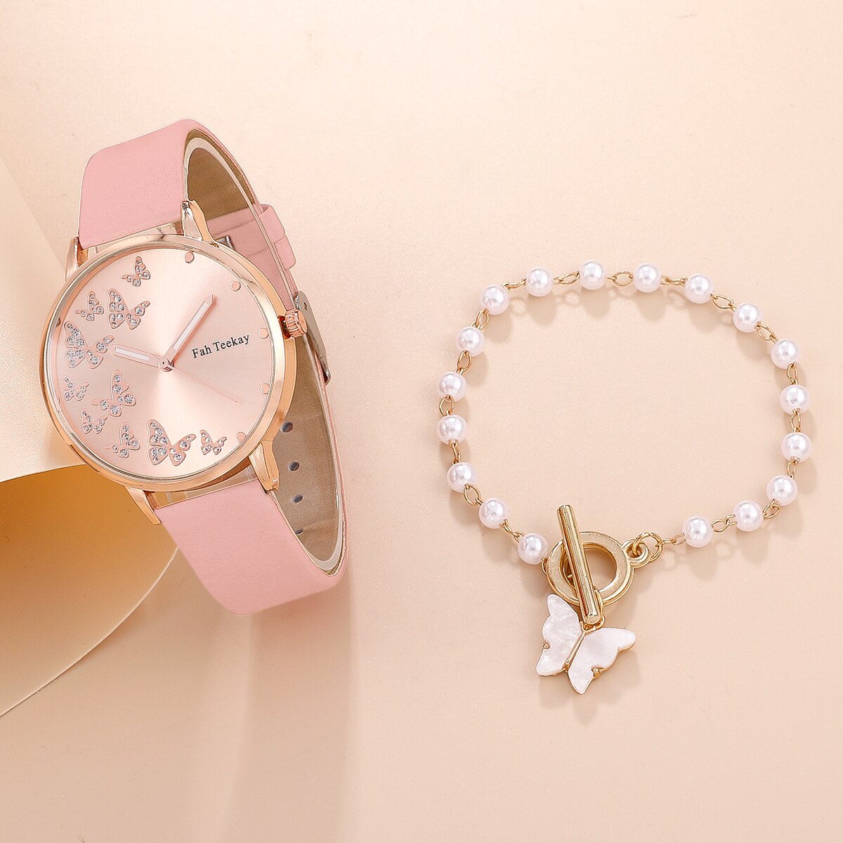 2pcs Set Womens Butterfly Watches Ladies Fashion Watch New Simple Casual Women Analog WristWatch Bracelet Gift