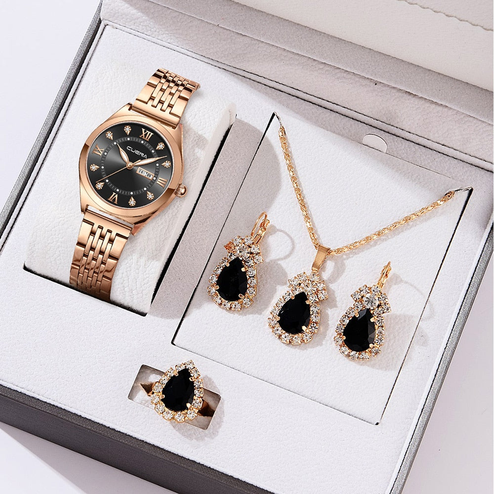 CUENA 5PCS Set Watch Women Ring Necklace Earrings Rhinestone Fashion Wristwatch Female Casual Ladies Watches Bracelet Set Clock