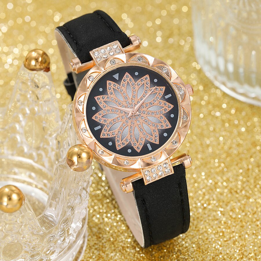 6pc Women Quartz Watch Jewelry Set Business Fashion Casual Round Pointer Flower Watch Necklace Bracelet Earrings Ring Set Gift