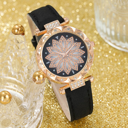 6pc Women Quartz Watch Jewelry Set Business Fashion Casual Round Pointer Flower Watch Necklace Bracelet Earrings Ring Set Gift