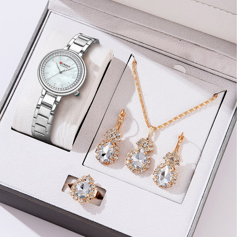 CURREN Luxury Wristwatches for Women Stainless Steel Bracelet Rhinestones Bling Dail Elegant Ladies Watch Gift Jewelry Set 5pcs