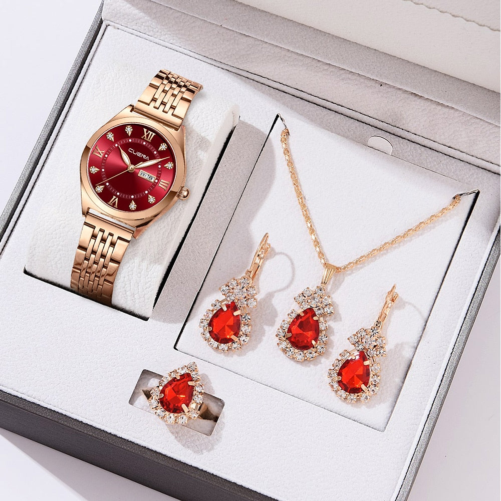 CUENA 5PCS Set Watch Women Ring Necklace Earrings Rhinestone Fashion Wristwatch Female Casual Ladies Watches Bracelet Set Clock