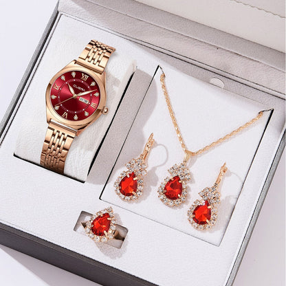 CUENA 5PCS Set Watch Women Ring Necklace Earrings Rhinestone Fashion Wristwatch Female Casual Ladies Watches Bracelet Set Clock