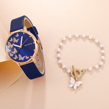 2pcs Set Womens Butterfly Watches Ladies Fashion Watch New Simple Casual Women Analog WristWatch Bracelet Gift