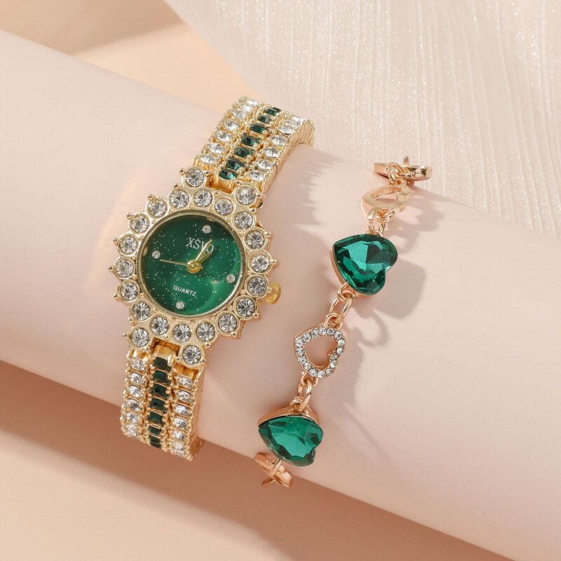 Small Green Watch Women's Steel Belt Quartz Watch Ring Gift Set Boxed 5pcs/Set