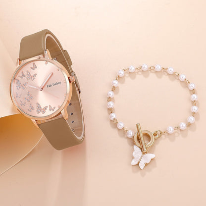 2pcs Set Womens Butterfly Watches Ladies Fashion Watch New Simple Casual Women Analog WristWatch Bracelet Gift