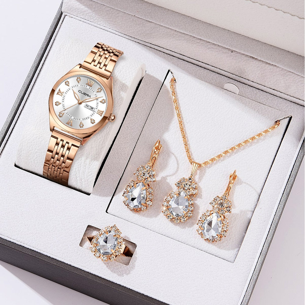 CUENA 5PCS Set Watch Women Ring Necklace Earrings Rhinestone Fashion Wristwatch Female Casual Ladies Watches Bracelet Set Clock