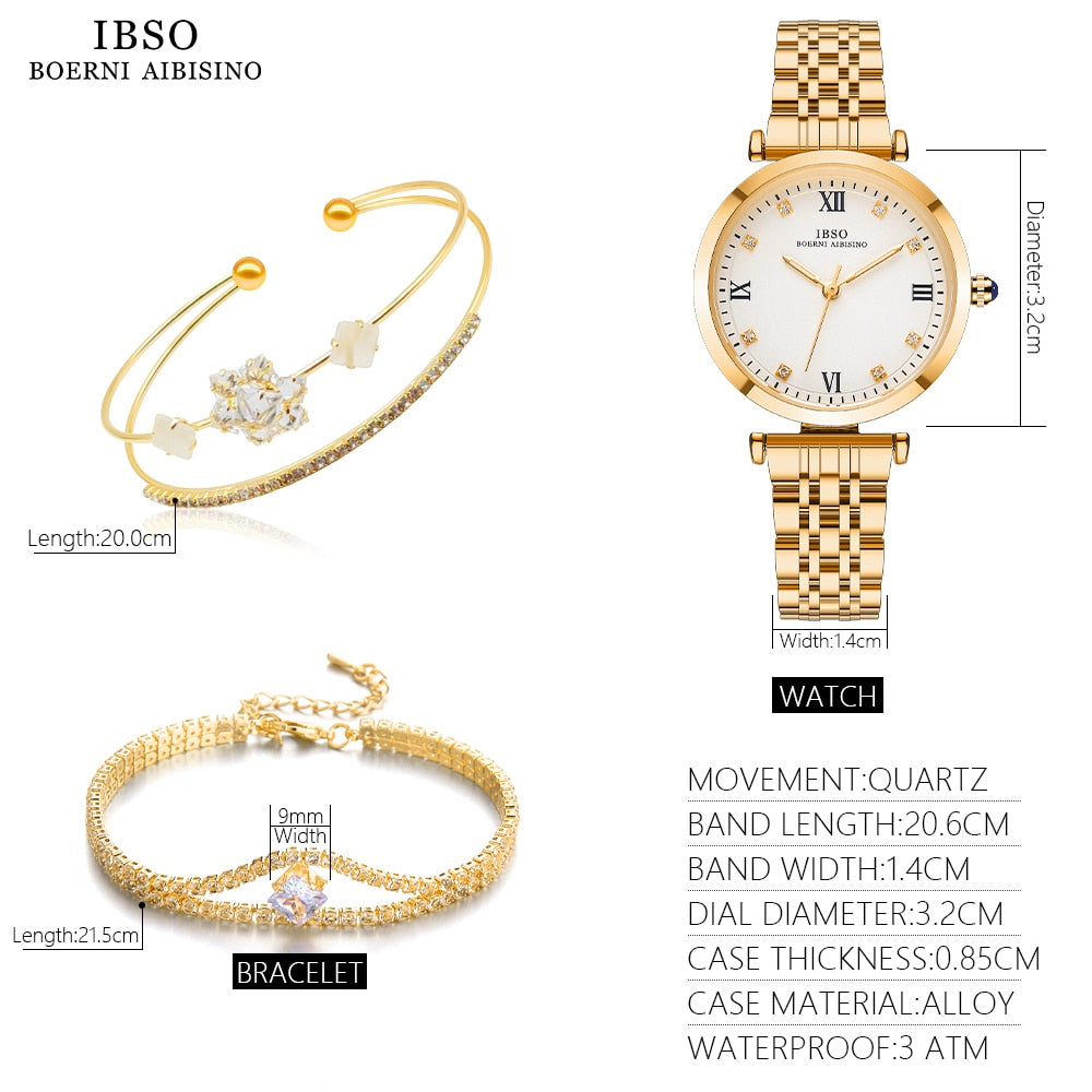 IBSO 2023 New Women Green Watch Set Japanese Quartz Movement Luminous Hands Ladies Watch Sets Waterproof Luxury Jewelry Hot Set