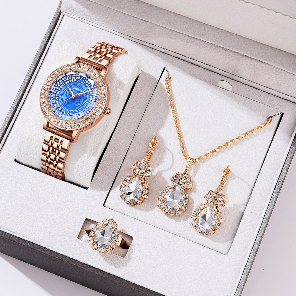 CRRJU 5pcs Set Women Fashion Quartz Watch Female Clock Rhinestones Rose Dial Luxury Brand Design Simple