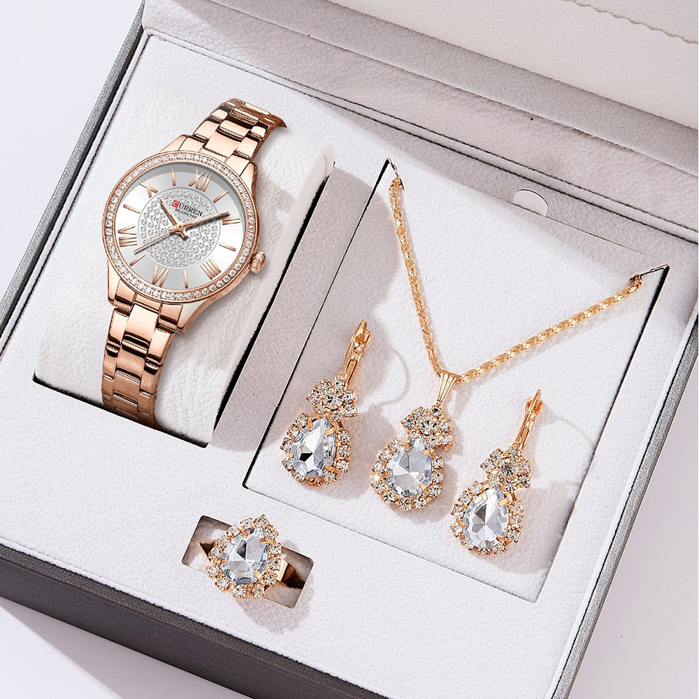 CURREN Luxury Wristwatches for Women Stainless Steel Bracelet Rhinestones Bling Dail Elegant Ladies Watch Gift Jewelry Set 5pcs