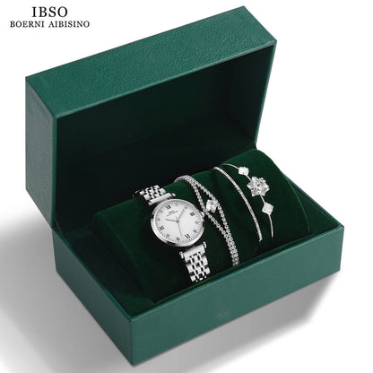 IBSO 2023 New Women Green Watch Set Japanese Quartz Movement Luminous Hands Ladies Watch Sets Waterproof Luxury Jewelry Hot Set