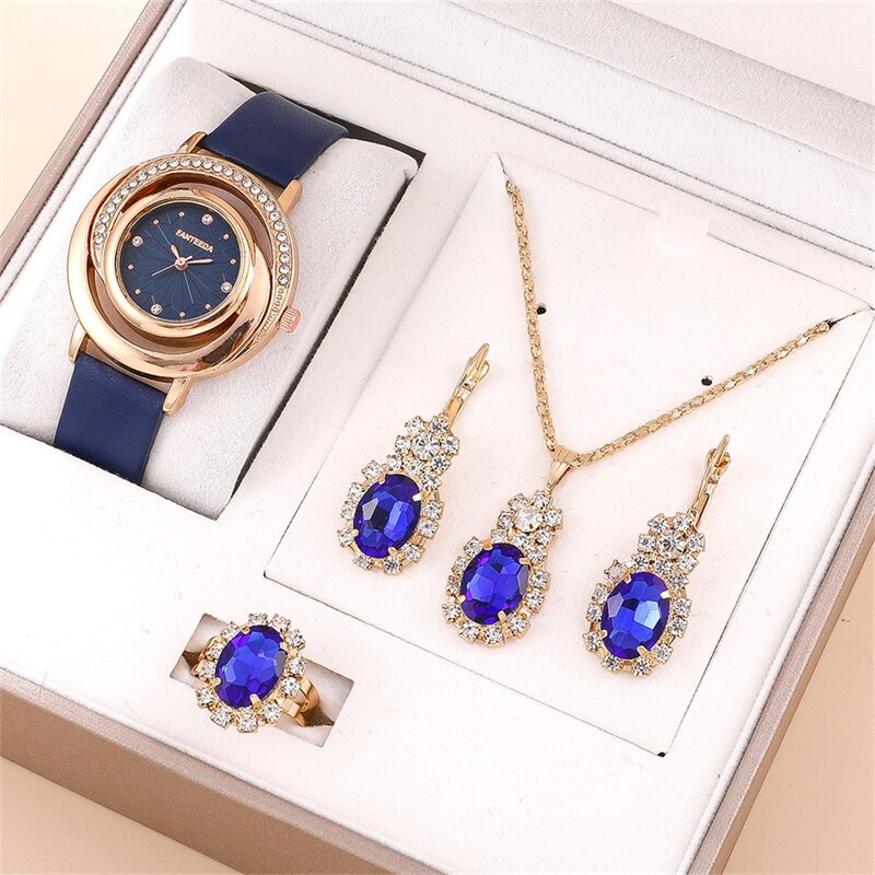 5PCS Set Luxury Watch Women Ring Necklace Earring Rhinestone Fashion Wristwatch Casual Ladies Watches Set Clock