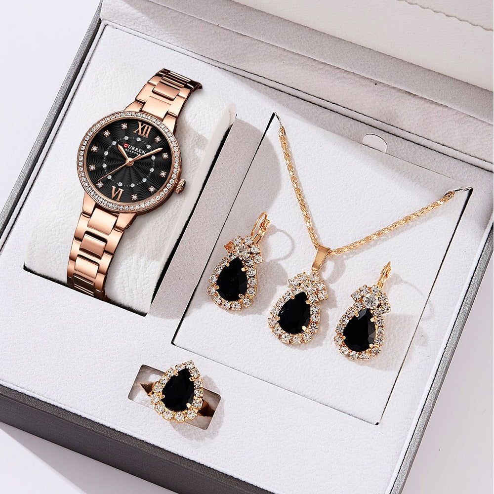 CURREN Luxury Wristwatches for Women Stainless Steel Bracelet Rhinestones Bling Dail Elegant Ladies Watch Gift Jewelry Set 5pcs