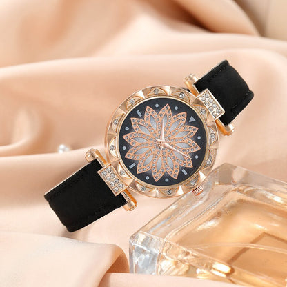 6pc Women Quartz Watch Jewelry Set Business Fashion Casual Round Pointer Flower Watch Necklace Bracelet Earrings Ring Set Gift