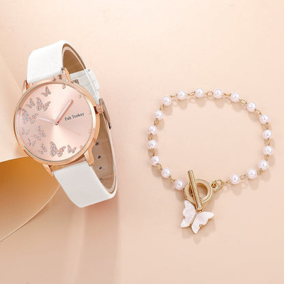 2pcs Set Womens Butterfly Watches Ladies Fashion Watch New Simple Casual Women Analog WristWatch Bracelet Gift